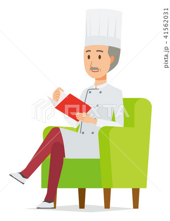 コックコートを着用した年配の料理人がソファーに座って読書をしている コックコートを着用した年配の料理人がソファーに座って読書をしている 41562031