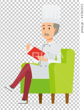 コックコートを着用した年配の料理人がソファーに座って読書をしている コックコートを着用した年配の料理人がソファーに座って読書をしている 41562031