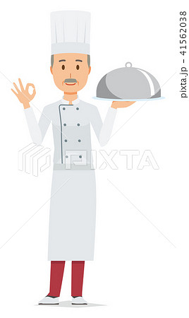 コックコートを着用した年配の料理人が料理を持っているのイラスト素材