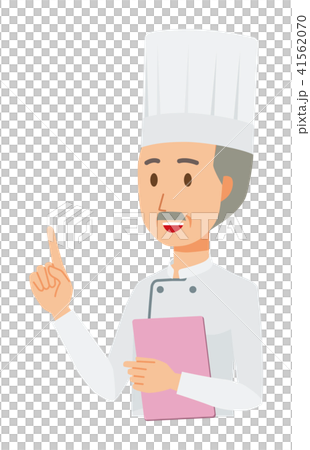 一位穿著廚師外套的老廚師指著一個文件 一位穿著廚師外套的老廚師指著一個文件 41562070