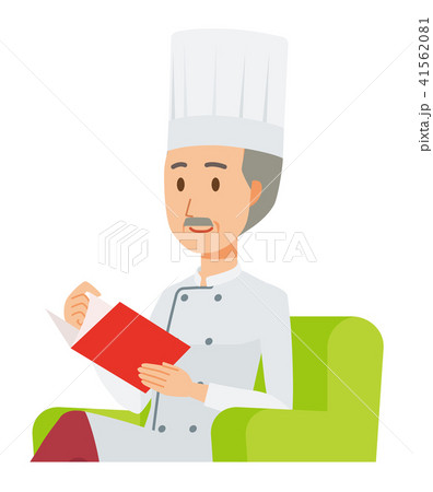 コックコートを着用した年配の料理人がソファーに座って読書をしている コックコートを着用した年配の料理人がソファーに座って読書をしている 41562081