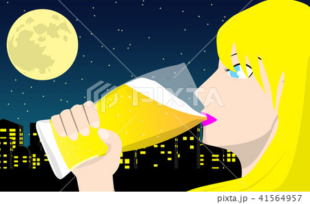 夜景とビールを飲む女性のイラスト素材