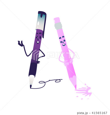 Pen and pencil cartoon characters writing and drawing isolated on white background. 41565167
