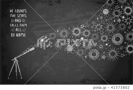 Card with doodle telescope, sun and other stars on blackboard background 41573802