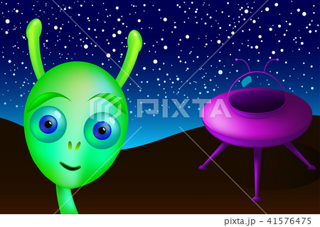 Landed little green alien with saucer visits Earth 41576475