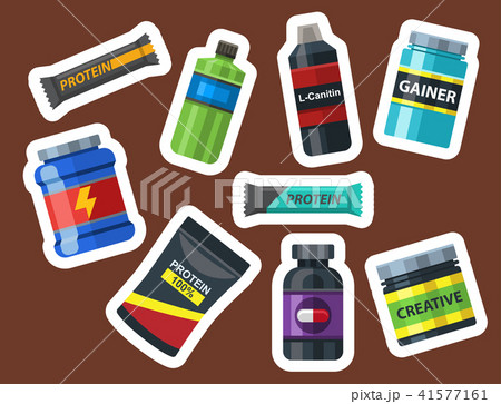 Bodybuilders gym athlete sport food diet symbols fitness nutrition protein powder drink vector 41577161