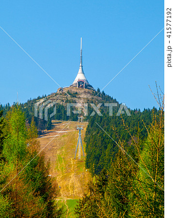 Jested - unique architectural building. Hotel and TV transmitter on the top of Jested Mountain 41577192