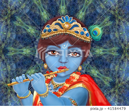 Shri Krishna Playing The Flute Happy Janmashtamiのイラスト素材