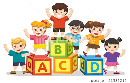Happy school kids with alphabet blocks. 41585212
