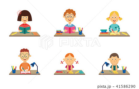 Vector flat kids studying at desks set Vector flat kids studying at desks set 41586290