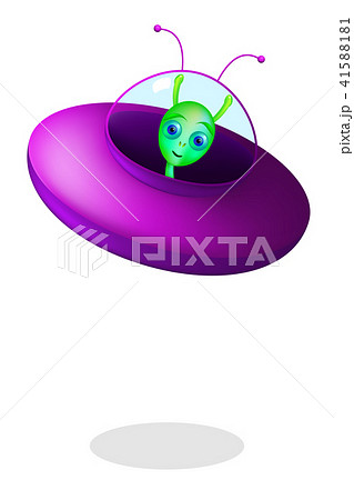 Green alien with flying saucer over white 41588181
