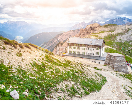 Auronzo mountain hut, aka Rifugio Auronzo, at Tre Cime massive, Dolomites, Italy. 41593177