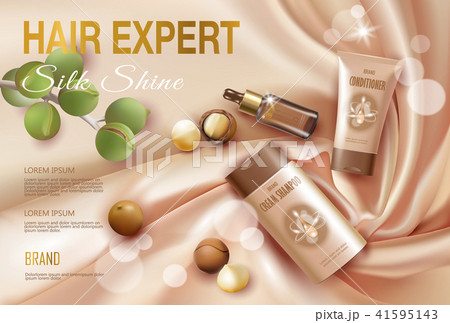 Realistic 3d macadamia nut oil cosmetic ad template. Light golden silk fabric hair shampoo 41595143