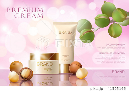 Realistic 3d macadamia nut oil cosmetic ad template. Light pink shiny serum cream mockup beauty skin Realistic 3d macadamia nut oil cosmetic ad template. Light pink shiny serum cream mockup beauty skin 41595146