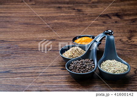 spices and herbs in spoons or bowls on wooden spices and herbs in spoons or bowls on wooden 41600142