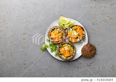 Fresh opened sea urchins. Caviar of sea urchins with onion, cilantro and lemon inside of shell of Fresh opened sea urchins. Caviar of sea urchins with onion, cilantro and lemon inside of shell of 41603684
