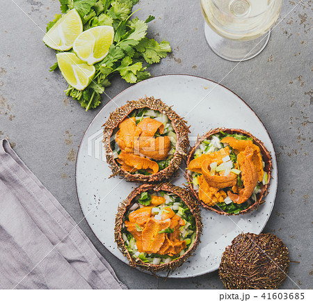 Fresh opened sea urchins. Caviar of sea urchins with onion, cilantro and lemon inside of shell of 41603685