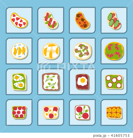 Breakfast toast set slices toasted crust sandwich with butter fried toaster flat cartoon style bread 41605753