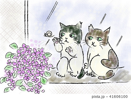 紫陽花とねこ ハート柄のイラスト素材