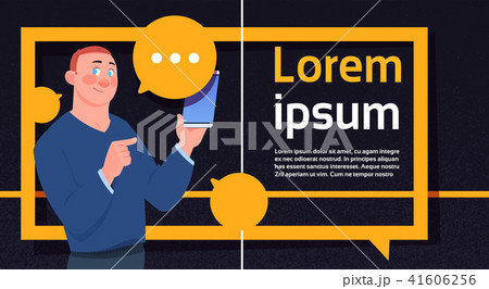 man using chat bubbles send message , boy hold phone, support virtual assistance of website or 41606256