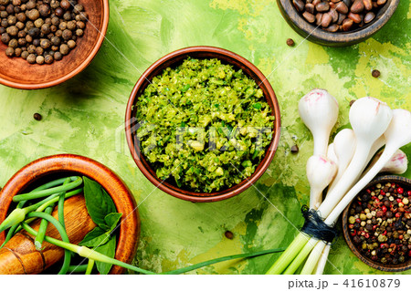 Delicious basil pesto sauce 41610879