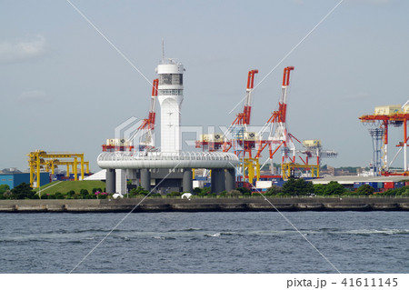 横浜港のシンボルタワーとコンテナふ頭のクレーン 41611145