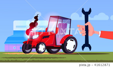 hand hold spanner over tractor plowing field eco farming concept flat 41612871