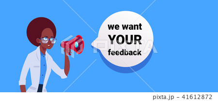 We want your feedback. woman hand hold megaphone, banner for business, promotion and advertising 41612872