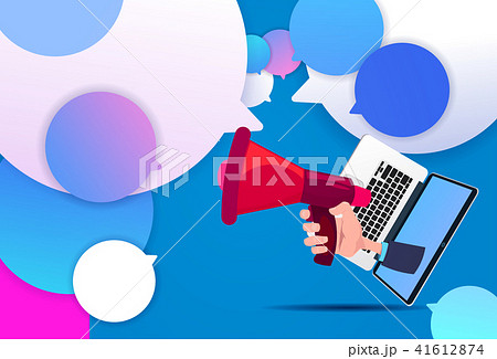 laptop hand hold megaphone new idea chat support over bubbles background, pulling concept flat 41612874
