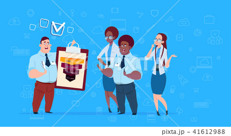 mix race businesspeople team hold clipboard form survey data cloud sales funnel with steps stages 41612988
