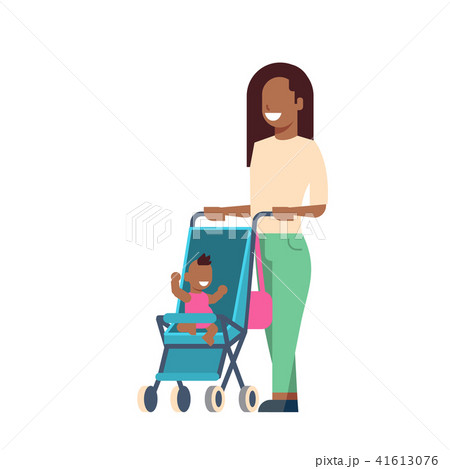 african mother baby son in stroller full length avatar on white background, successful family 41613076