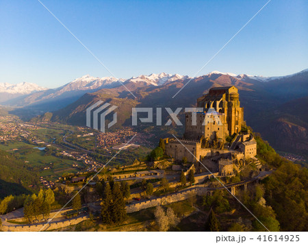 Aerial view old medieval abbey perched 41614925