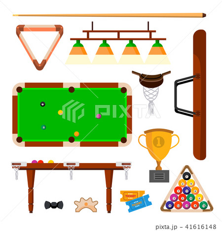 Snooker Icons Set Vector. Snooker, Billiard Accessories. Balls, Cue, Green Table, Lamp. Isolated 41616148