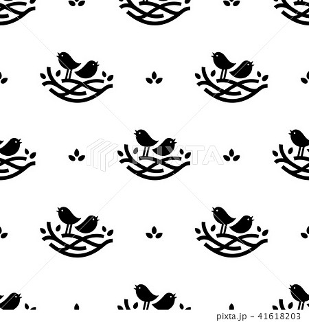 Seamless pattern with black singing birds in nest in minimalistic style on white background 41618203