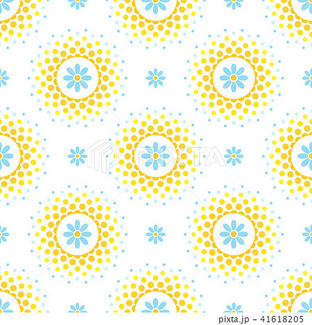 Seamless pattern with blue flowers and orange and yellow halftone circle frame on white background 41618205