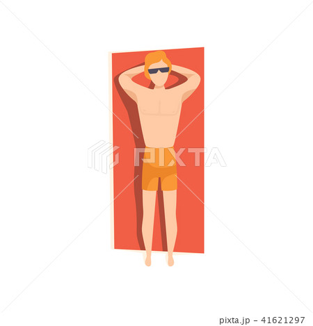 Young man in orange shorts and sunglasses sunbathing on the beach, top view of lying guy vector Young man in orange shorts and sunglasses sunbathing on the beach, top view of lying guy vector 41621297