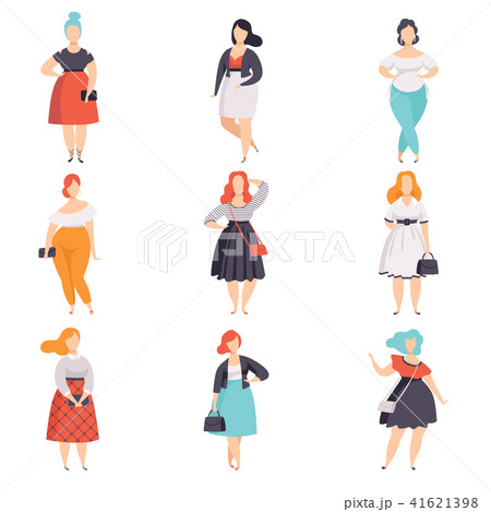 Beautiful plus size women in fashionable clothes set, curvy, overweigh girl pinup model vector 41621398