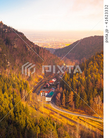 View from Oybin to Zittau. Beautiful Valley with railroad track. Germany 41623332
