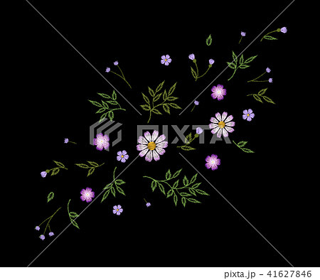 Tiny field flower realistic embroidery. Wild herbs daisy textile print decoration black fashion 41627846