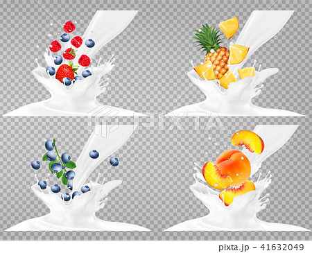 Collection of fruit in a milk splash.  41632049