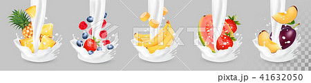Big collection of fruit in a milk splash.  41632050