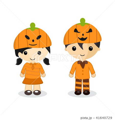 Cute cartoon couple standing wear a pumpkin hat 41640729