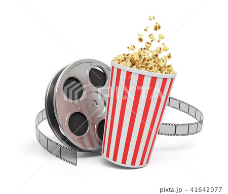3d rendering of a video reel with video film stretching around a big bucket full of popcorn. 3d rendering of a video reel with video film stretching around a big bucket full of popcorn. 41642077