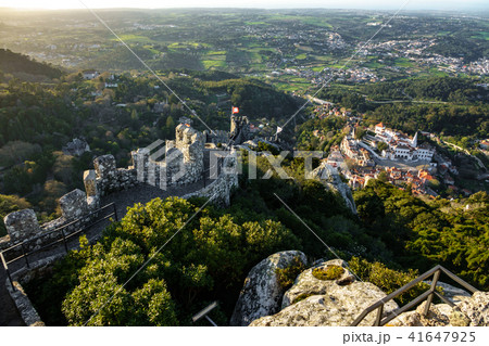 Castle of moors wall and Sintra at dusk, Portugal 41647925