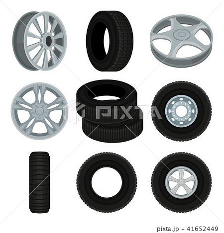 Flat vector set of car disks and tires. Alloy wheels. Elements for advertising banner or poster of Flat vector set of car disks and tires. Alloy wheels. Elements for advertising banner or poster of 41652449