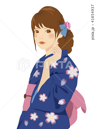 紺色の浴衣の女性のイラスト素材