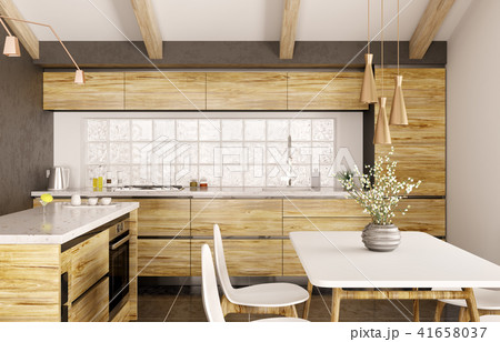 Modern interior design of wooden kitchen 3d render 41658037