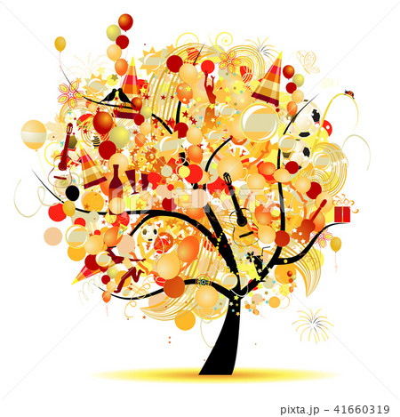 Happy celebration, funny tree with holiday symbols 41660319