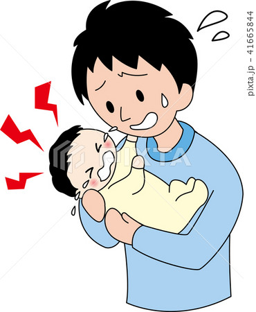 父親と泣く赤ちゃんのカラーイラストのイラスト素材