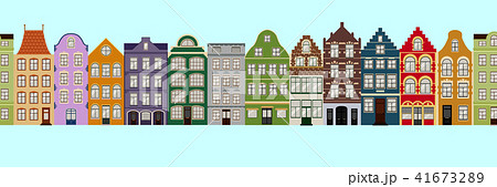 Seamless Border of Cute retro houses exterior. Collection of European building facades. Traditional 41673289